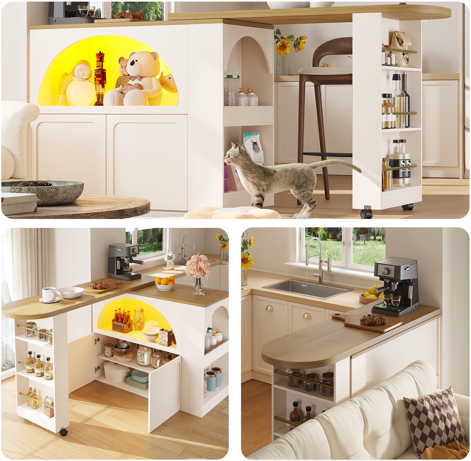 Clruro Bartafel - 135-205 x 39 x 100 cm - Uitschuifbaar en Verrijdbaar - LED - MDF/PB - Wit