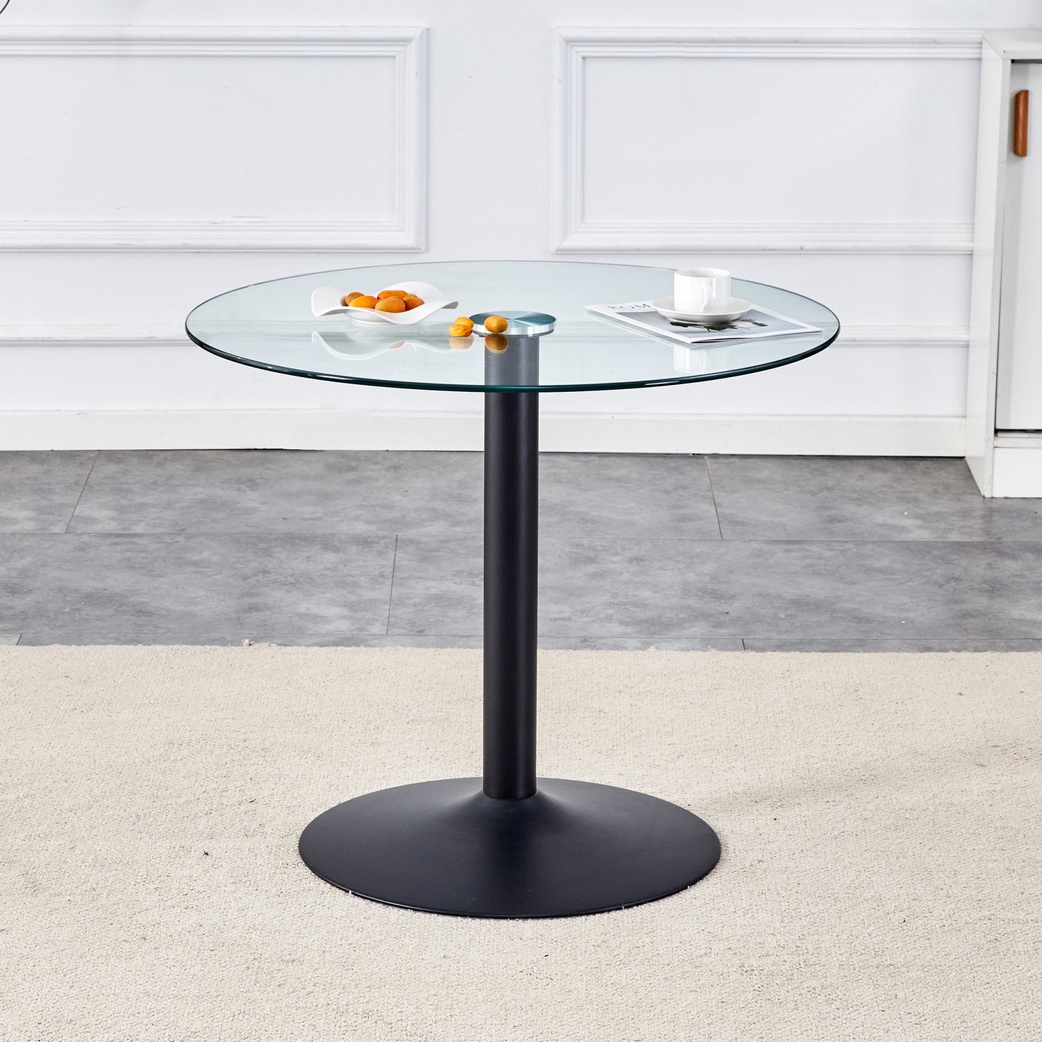 Clruro Bartafel - Ø85x76 cm - Rond met Metalen Voet - Gehard Glas - Transparant en Zwart