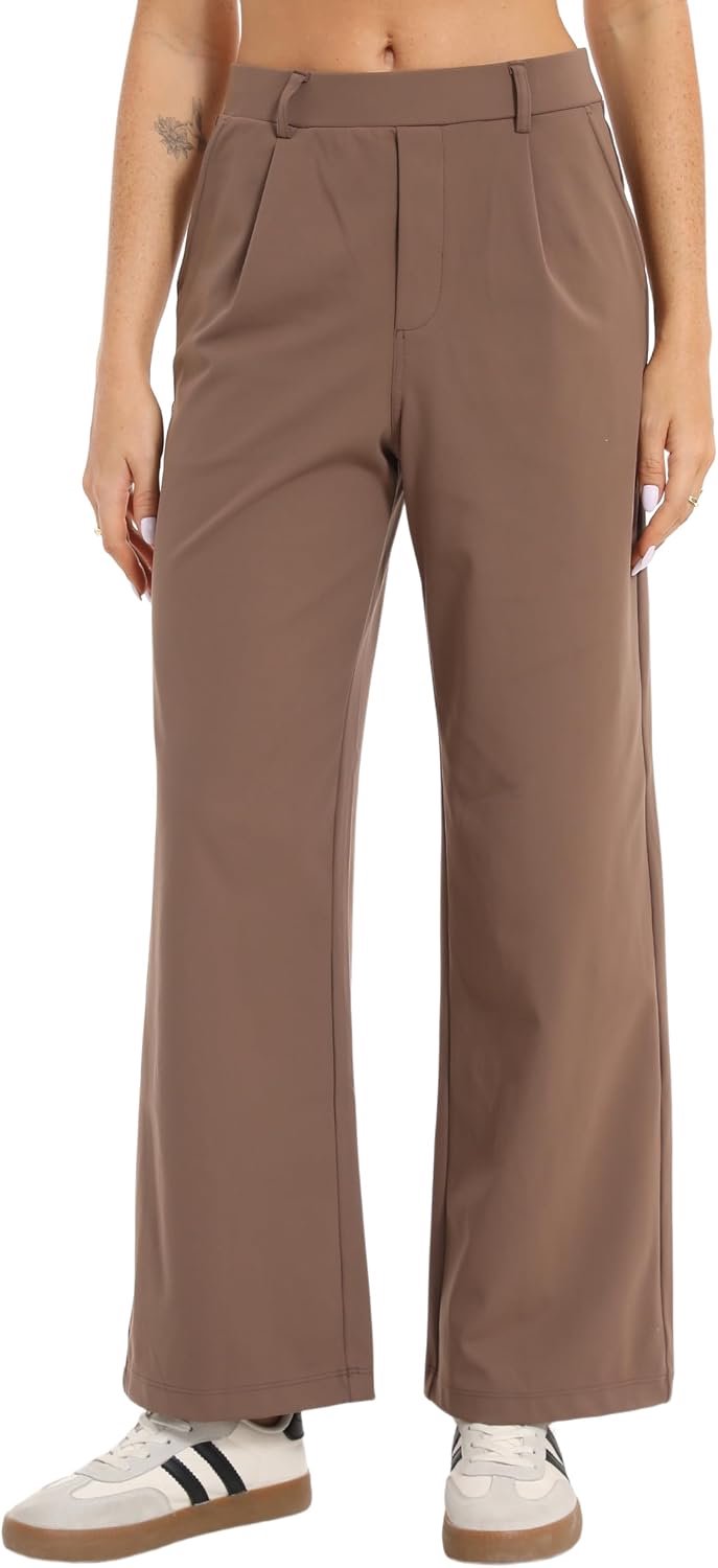 Zakelijke broek voor dames, casual kostuumbroek, hoge taille, stretch, elegante brede stoffen broek met zakken, kantoor, werkbroek, vrijetijdsbroek
