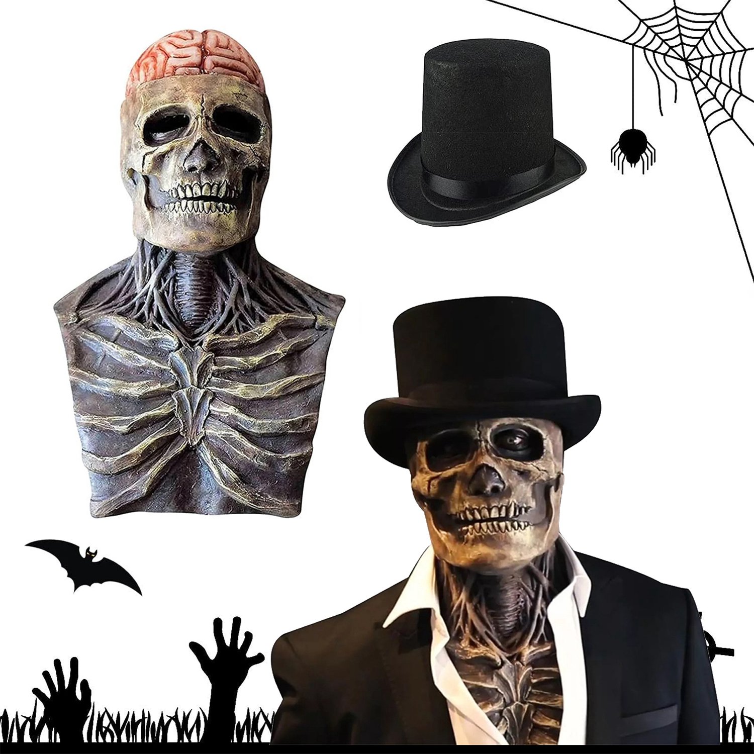 Halloweenmasker - Schedelmasker - Eng Masker Dat Het Hele Hoofd Bedekt - Horrormasker Met Zwarte Hoed En Beweegbare Kaak
