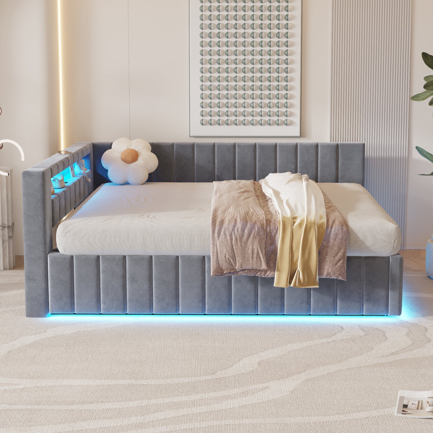 Merax Slaapbank 140x200 cm - met opbergruimte - met LED-verlichting en USB-oplaadpoort - grijs - zonder matras