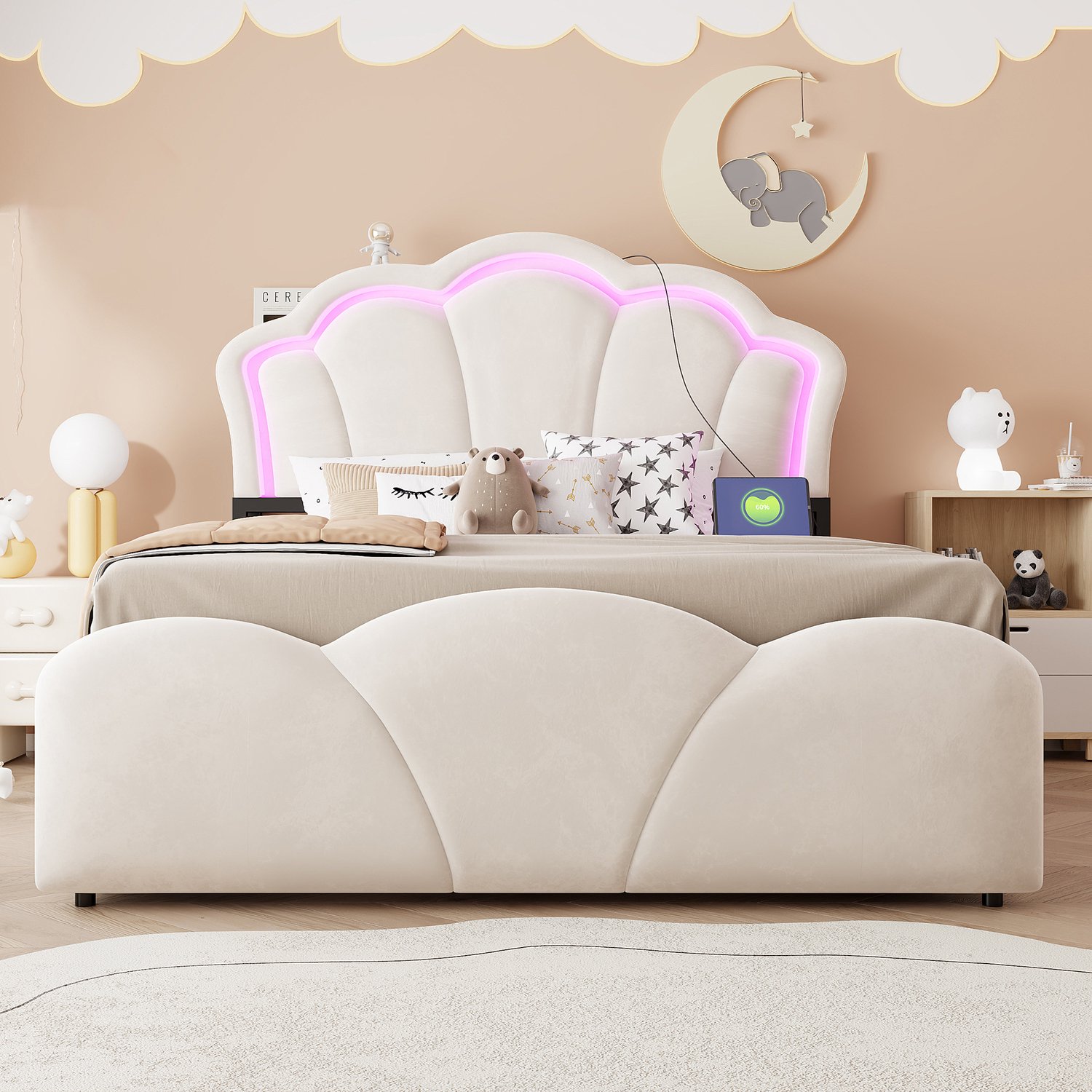 Merax 140x200cm gestoffeerd bed - met opbergruimte - LED-verlichting - opbergvak - bloemenontwerp - stopcontact - beige - zonder matras