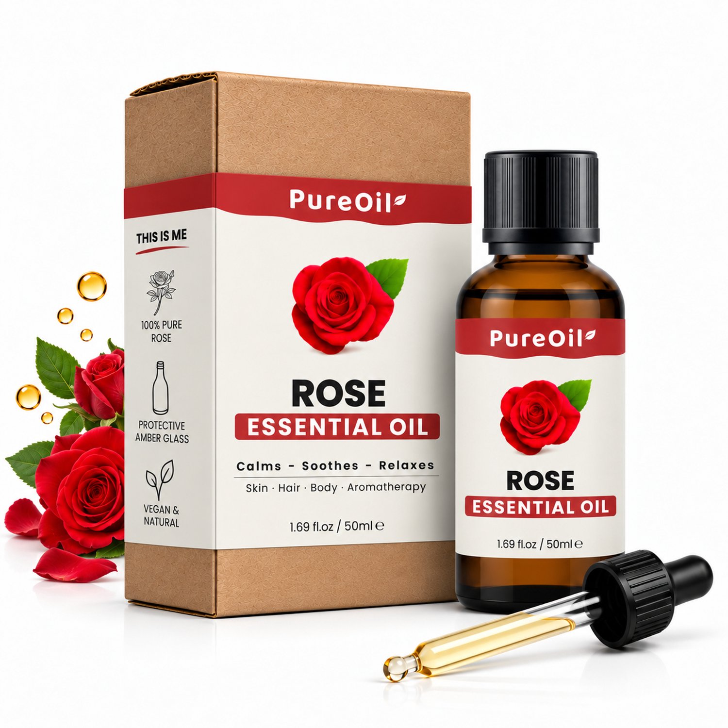 PureOil – Rozenolie Etherische Olie – 50ml – 100% Puur, Natuurlijk & Vegan – Rose Oil Voor Haar | Huid | Gezicht | Scalp | Diffuser | Aromatherapie