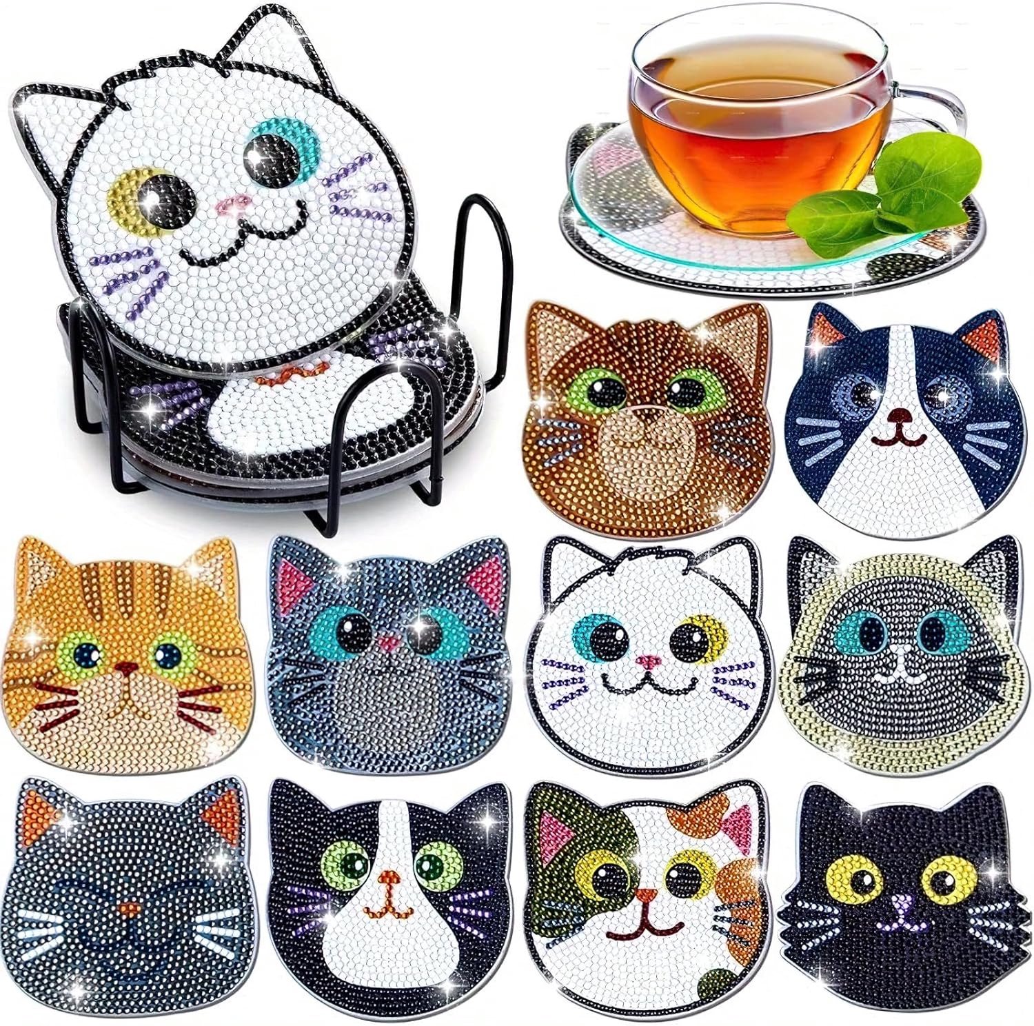 5D diamond painting onderzetters 10stuks - Inclusief houder - Doe het zelf knutselproject met kitten- Motieven antislip - Geschikt voor beginners, volwassenen en kinderen