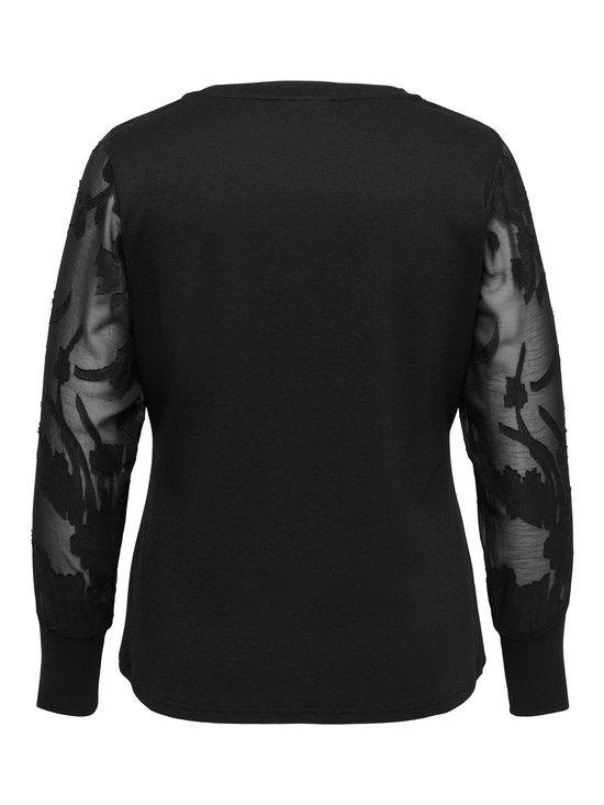 Rugzijde van een zwarte blouse met lange doorschijnende mouwen met zwart bloemenpatroon.