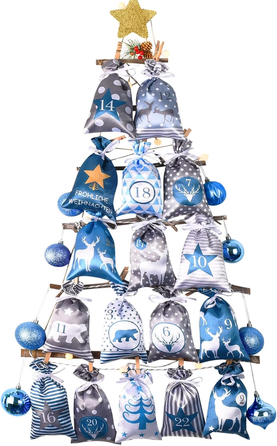 Adventskalender om te vullen, kerstkalender om zelf te vullen, op te hangen met blauw-grijze stoffen zakjes, 24 stoffen zakjes, groot (12 x 20 cm), ketting om zelf te knutselen, voor kinderen,