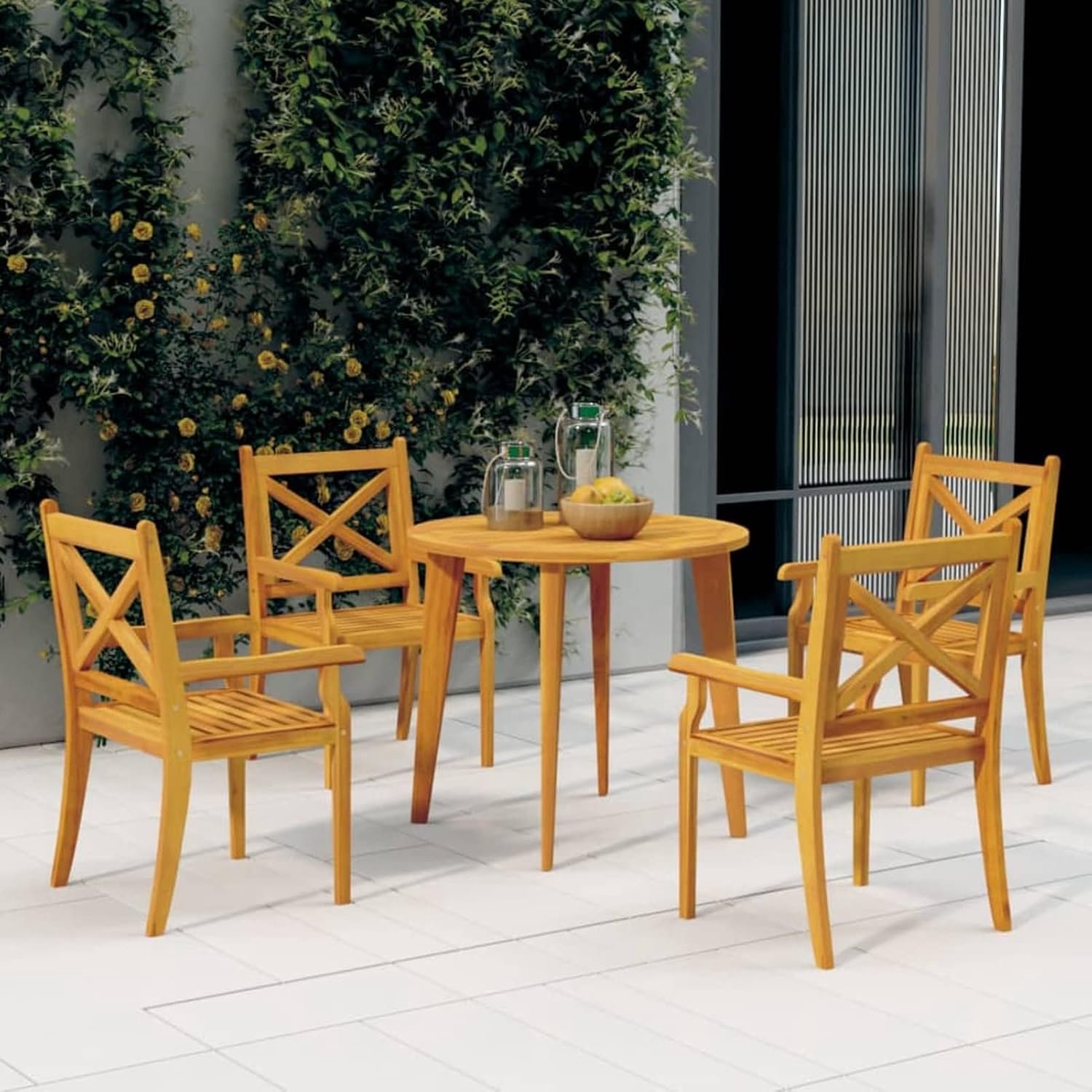 5-delige set, tafel en eetkamerstoelen, voor buiten, keuken, eetkamer, van acaciahout, ronde tafel en 4 armleuningen van hout, set voor tuin en stoelen voor buiten