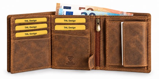 Bruine vintage leren heren portemonnee, geopend om vakken met pasjes, briefgeld en een ritsvak te tonen. RFID bescherming.