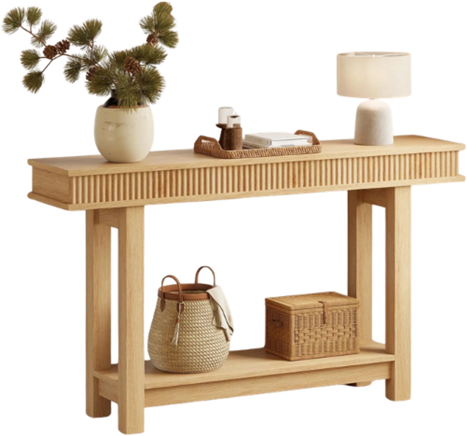 Emvae Sidetable - Consoletafel - Smalle Haltafel met Opbergvak - 2-Laags - 140 x 30,22 x 81,5 cm - MDF - Natuurlijke Houtlook