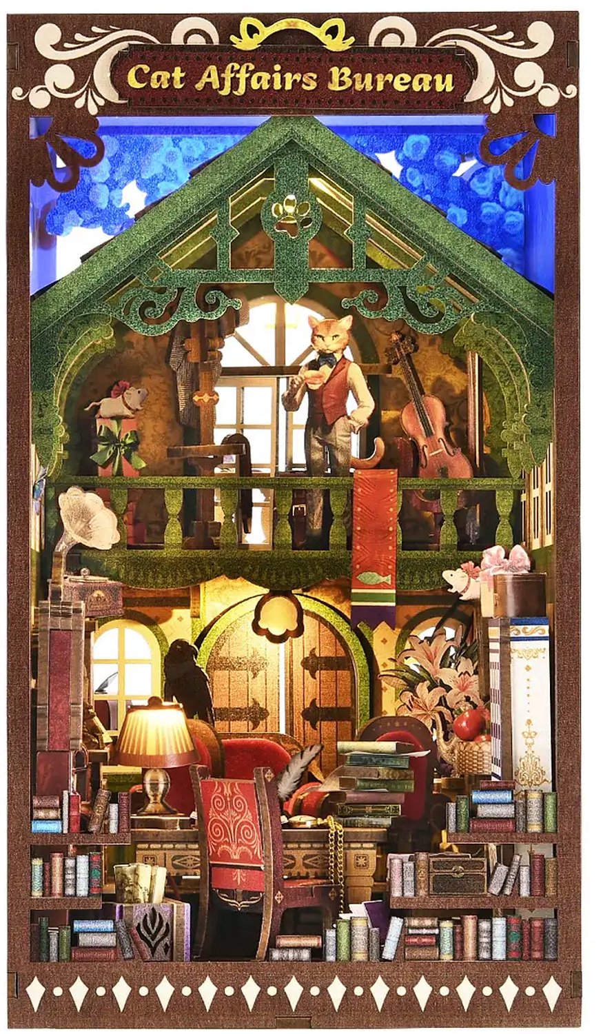 THAR Book Nook Cat Affairs Bureau - dubbelzijdige verlichte miniatuurwereld - houten DIY bouwpakket met 420 delen