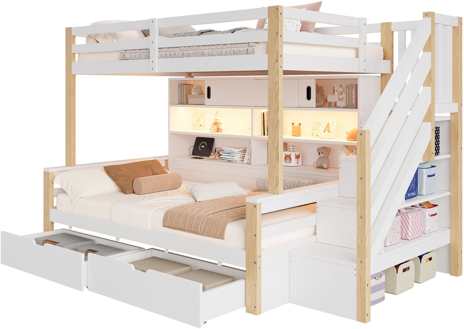 Merax Stapelbed Voor Kinderen 90 x 200 cm - Houten Kinderbed Met Opbergtrap - LED Verlichting - USB En Type C - Schuifdeur - Lade - Wit En Natuurlijke Houtkleur