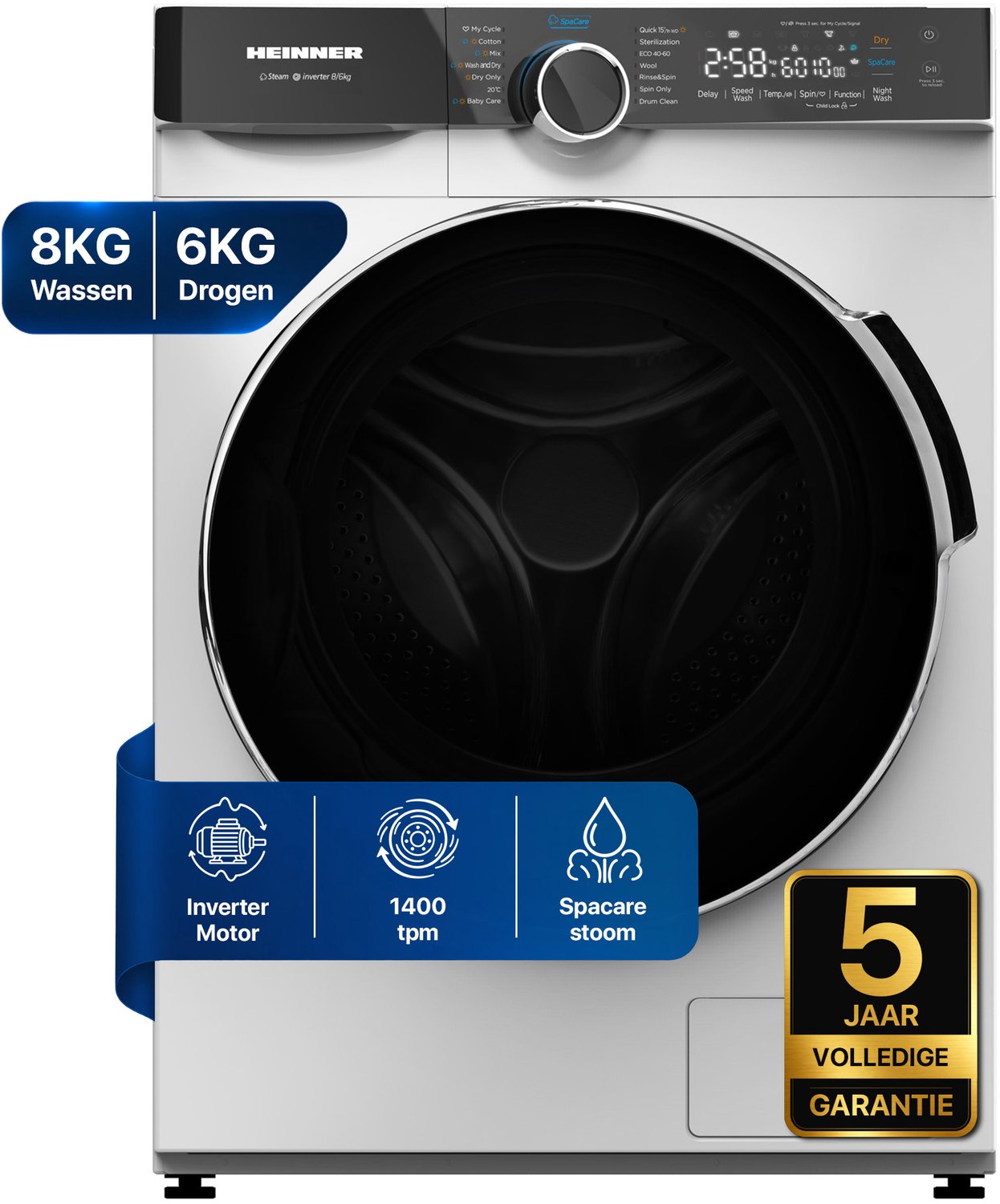 Heinner HWDM-M814IVKA Slanke Was-droogcombinatie - 8 kg Wassen / 6 kg Drogen - 1400 tpm - Stoomfunctie - Energieklasse A/D - Inverter Motor - LED Touch Display - 5 Jaar Garantie - Wit