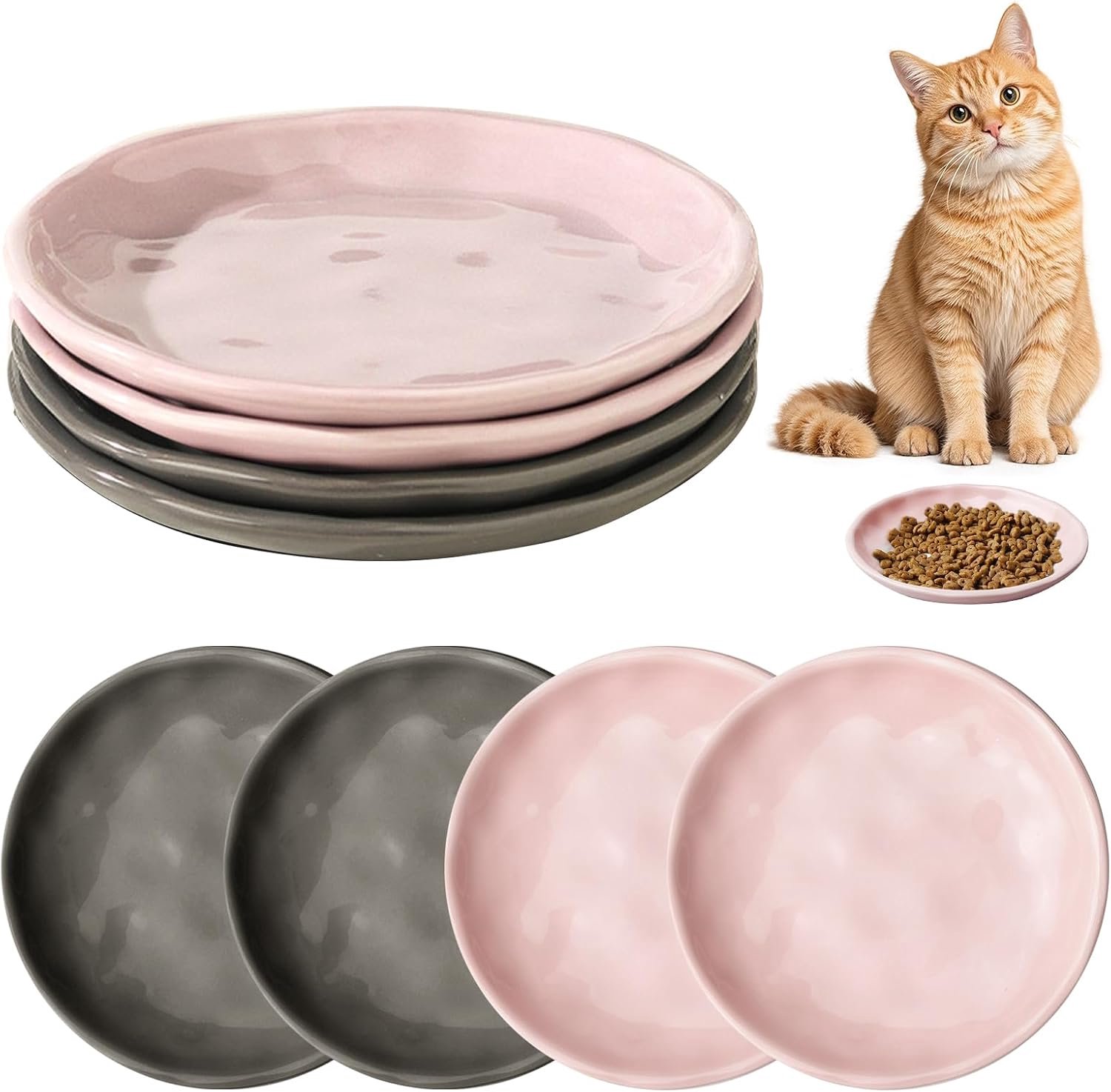 4 stuks voerbak voor katten, diameter 15 cm, keramische kom, platte kat, keramische kom, platte keramische kom, platte keramische kom voor katten, voor droogvoer