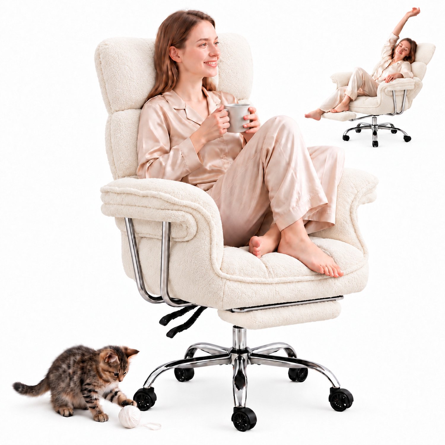 Dowinx Gamingstoel - Ergonomische Bureaustoel met Voetsteun - Verstelbare Gamestoel met Pocketvering - Teddy Fleece Bekleding - Grote Bureaustoel tot 181 kg - Crèmewit