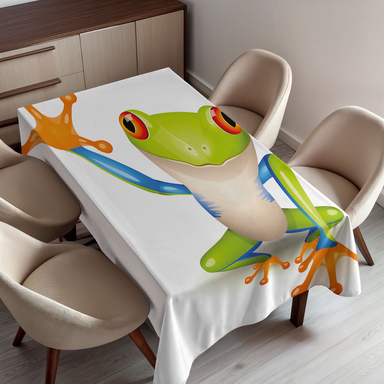 ABAKUHAUS Cartoon Tafelkleed, Kleine Boomkikker Levendige Grafische Vriendelijke Wildlife Mascotte Grappig Karakter Print, Rechthoekig Tafelkleed voor Eetkamer Keukendecoratie, 130 x 150 cm, Meerkleurig