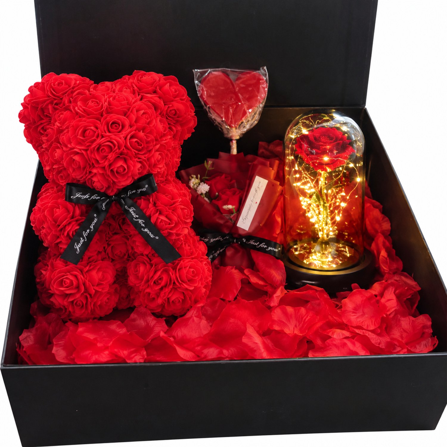 Nina’s Giftshop® Luxe Valentijn Geschenkset – Rode Rozenbeer 25 cm – Eeuwige Roos – Hart Lolly – Cadeau voor Haar