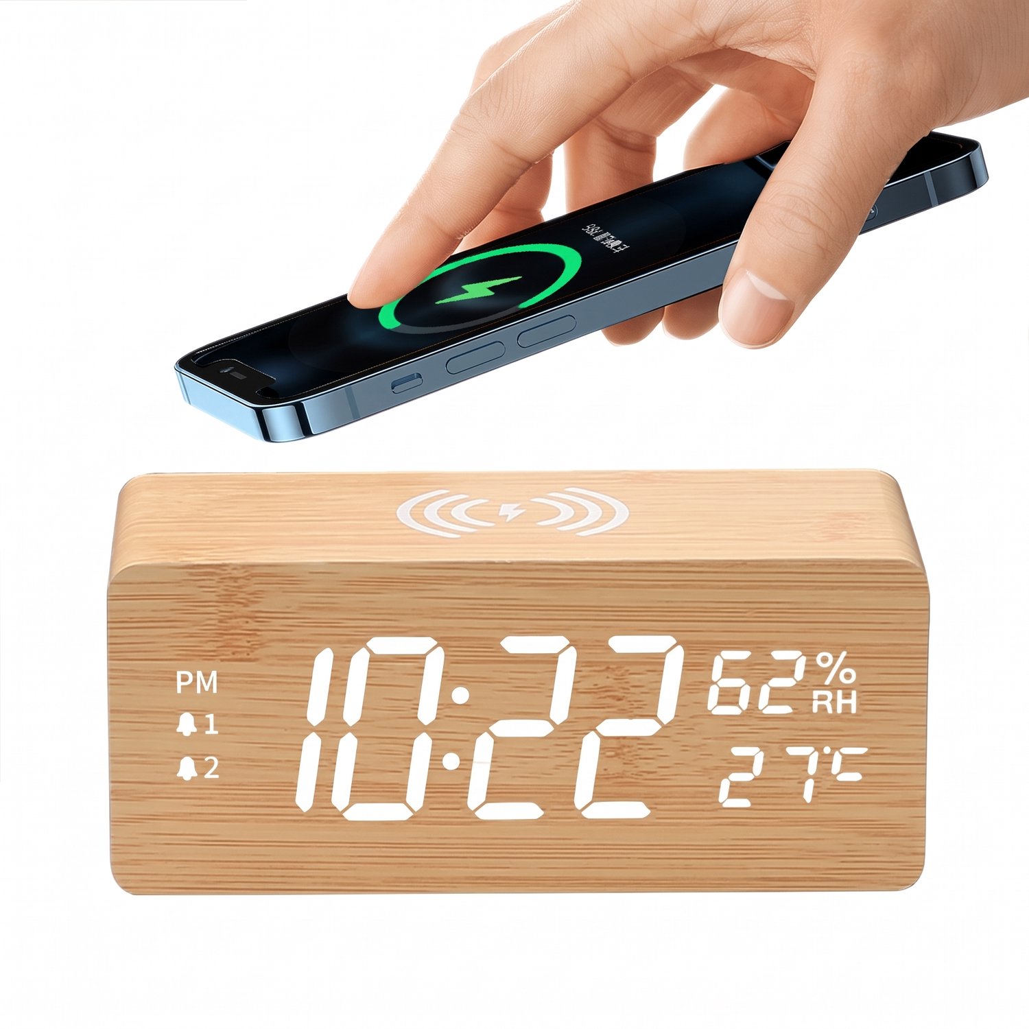 Digitale Houten Wekker met Draadloze Oplader 15W – LED Klok met Temperatuur & Luchtvochtigheid – Dimbaar Display – Dubbel Alarm & Weekendstand – USB-C & USB Output