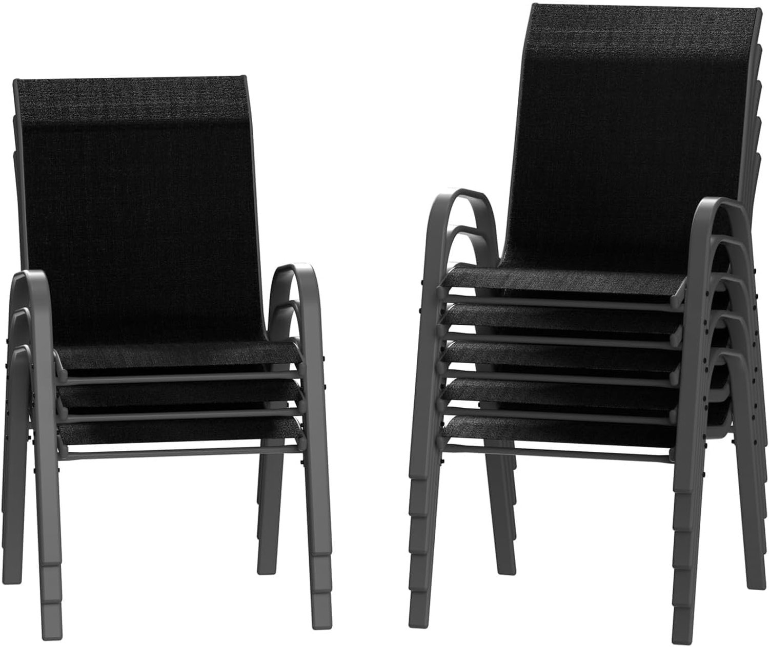 Tuinstoelen, stapelbaar, 8-delige set, stapelstoelen van textileen en metalen frame, terrasstoelen, balkonstoel met armleuningen, weerbestendig, 60 x 72 x 96 cm, zwart