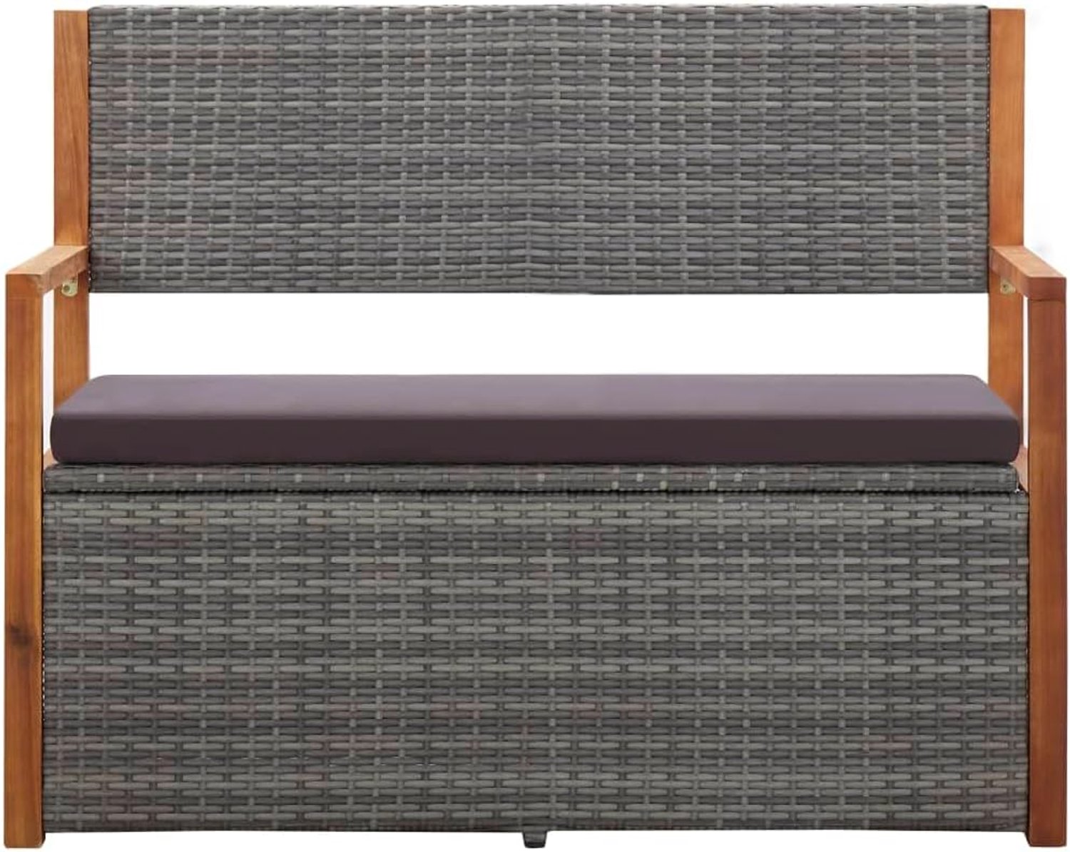 Polyrotan opbergbank met kussen, 115 cm, tuinbank met opbergruimte, massief acaciahout frame, grote zitkist voor tuin, terras