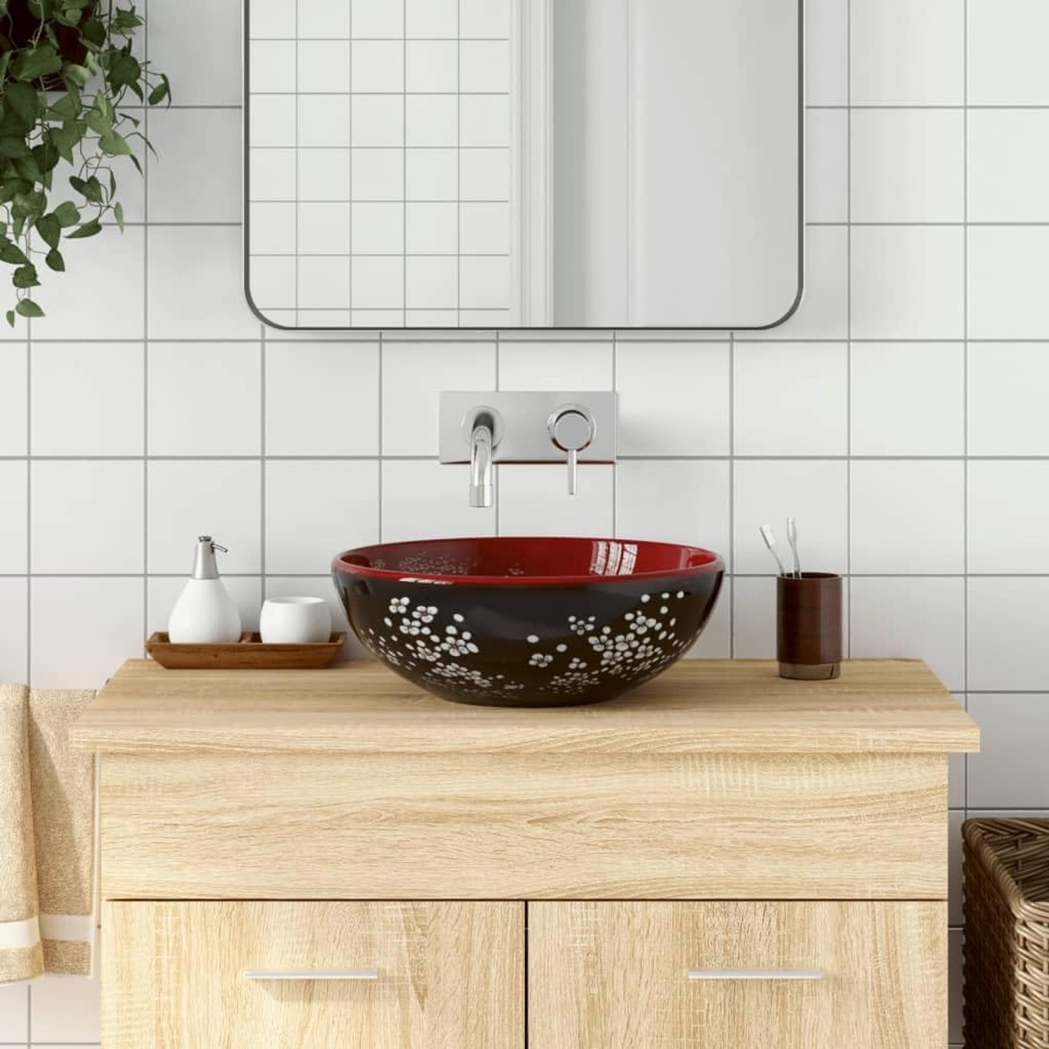 Rond Ø 41 x 14 cm keramische wastafel voor badkamer gastentoilet design handwastafel zwart en rood