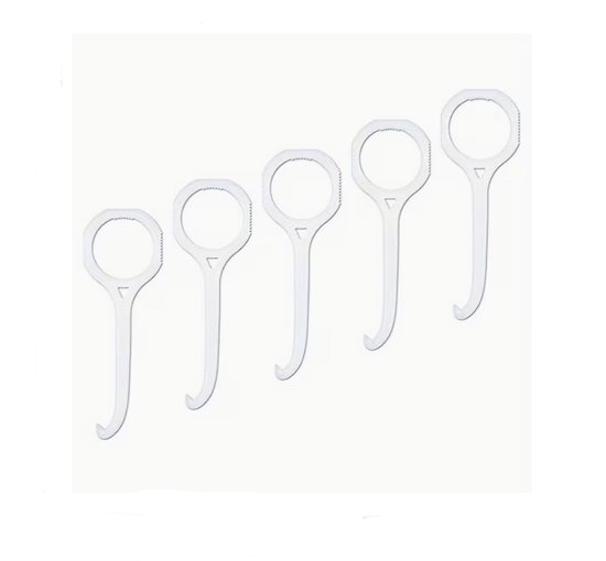 Vijf witte plastic beugelverwijderaars met een haakje en een cirkelvormige grip.