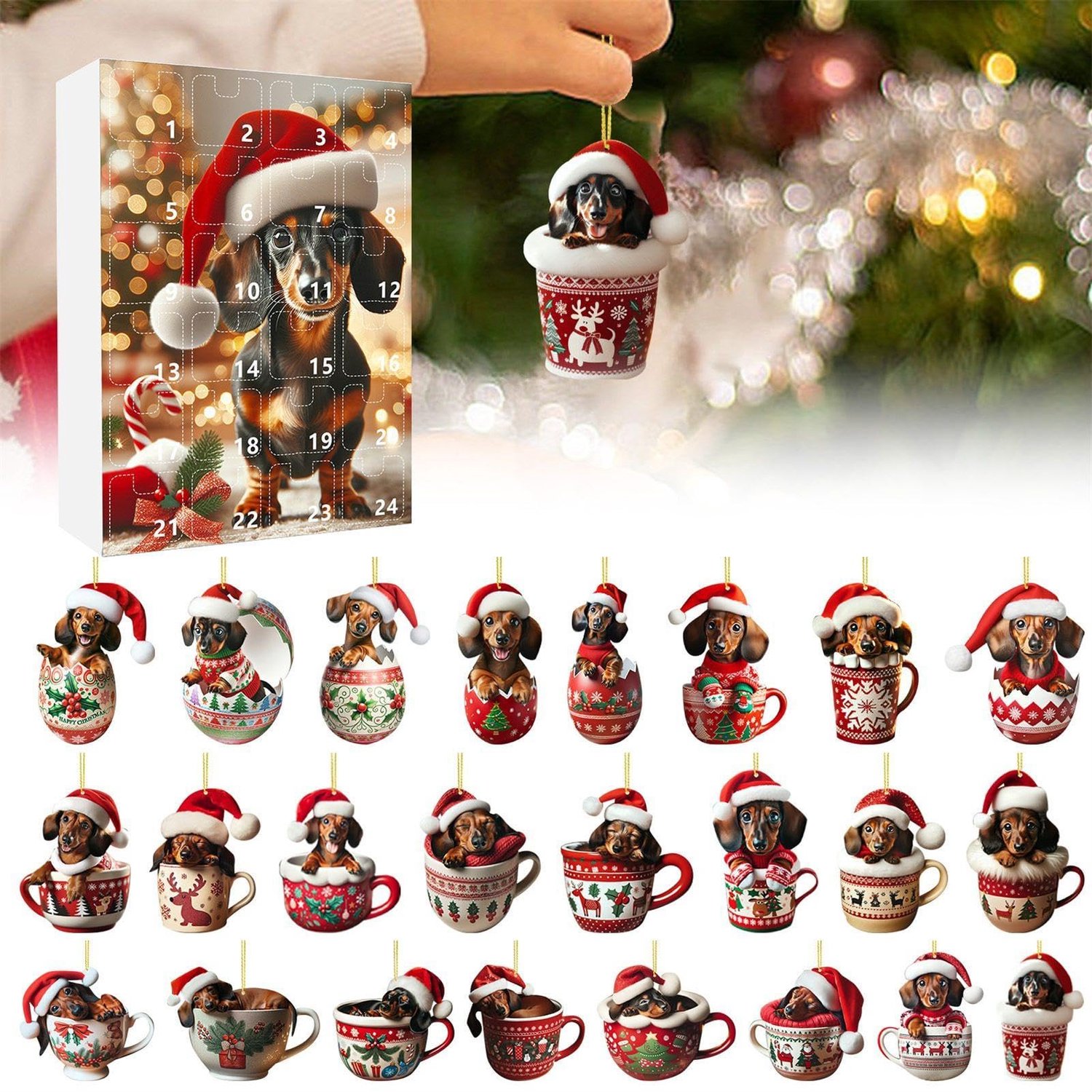 Teckel Adventskalender 2026 - 24 Dagen Kerst Verzamelbaar Grappige Honden Set Aftelkalender - Teckel Hangers voor Thuis, Kerstboomversiering