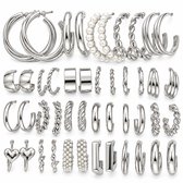 24 delige zilverkleurig oorbellen set voor dames met ringen, oorstekers en diverse designs