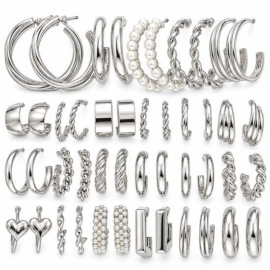 Zilverkleurige oorbellen set voor dames met diverse designs: ringen, parels, gedraaide oorringen en hartjes.