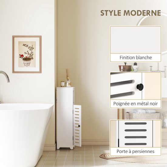 Witte badkamerkast met lamellendeur, getoond met details: witte afwerking, zwarte metalen knop, lamellendeur.