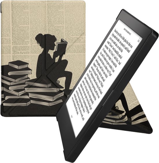 kwmobile e-reader hoesje geschikt voor Kobo Aura H2O Edition 1 hoes - Ereader flip case met standaard - E reader cover van kunstleer - In zwart / beige — afbeelding 5