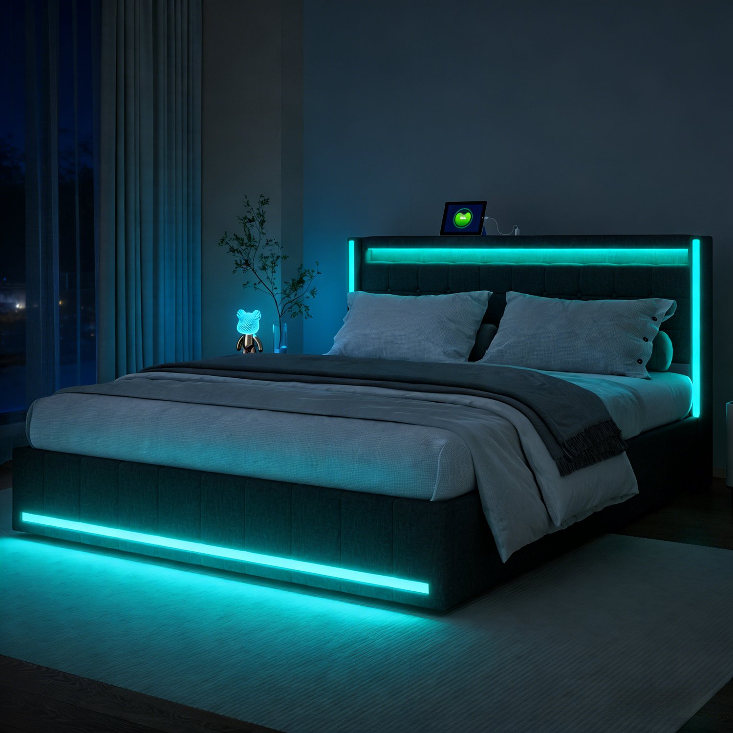Gestoffeerd bed 160x200 cm met LED verlichting, tweepersoonsbed met 4 lades en opbergruimte, linnen bedframe met hoofdbord, lattenbodem en USB aansluiting