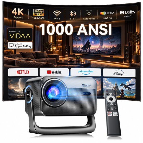 Blackview PV1000 Max Beamer - 18000 Lumens-1080P FHD-4K Decodering-Dolby Audio-VIDAA OS-360° Gimbal- Netflix YouTube Disney+- Thuiscinema Buiten-Spelmodus-TOF Autofocus