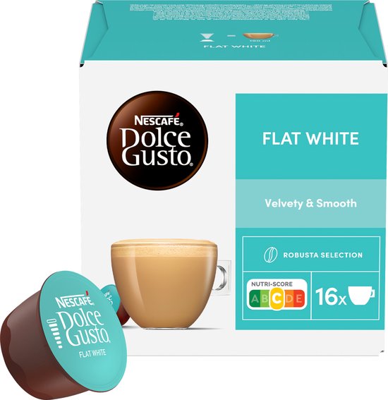 NESCAFÉ Dolce Gusto Flat White verpakking met een mok koffie en 2 cups.