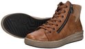 Cognackleurige dames veterboot van Rieker met rits aan de zijkant en corduroy detail aan de achterkant.