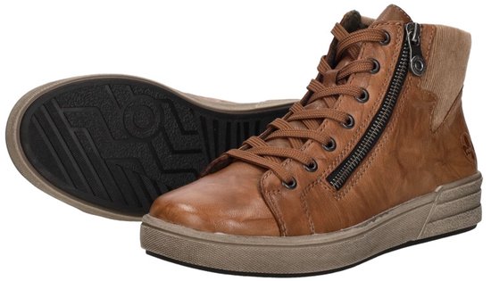 Cognackleurige dames veterboot van Rieker met rits aan de zijkant en corduroy detail aan de achterkant.