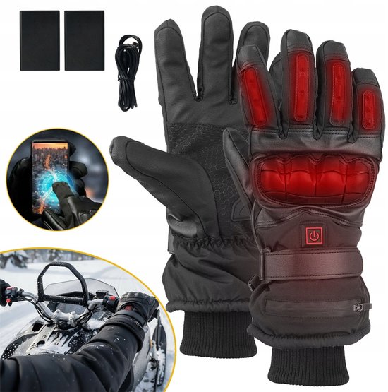 Zwarte, elektrisch verwarmde handschoenen met rode verlichte warmtezones, USB-kabel en touchscreen-compatibiliteit.
