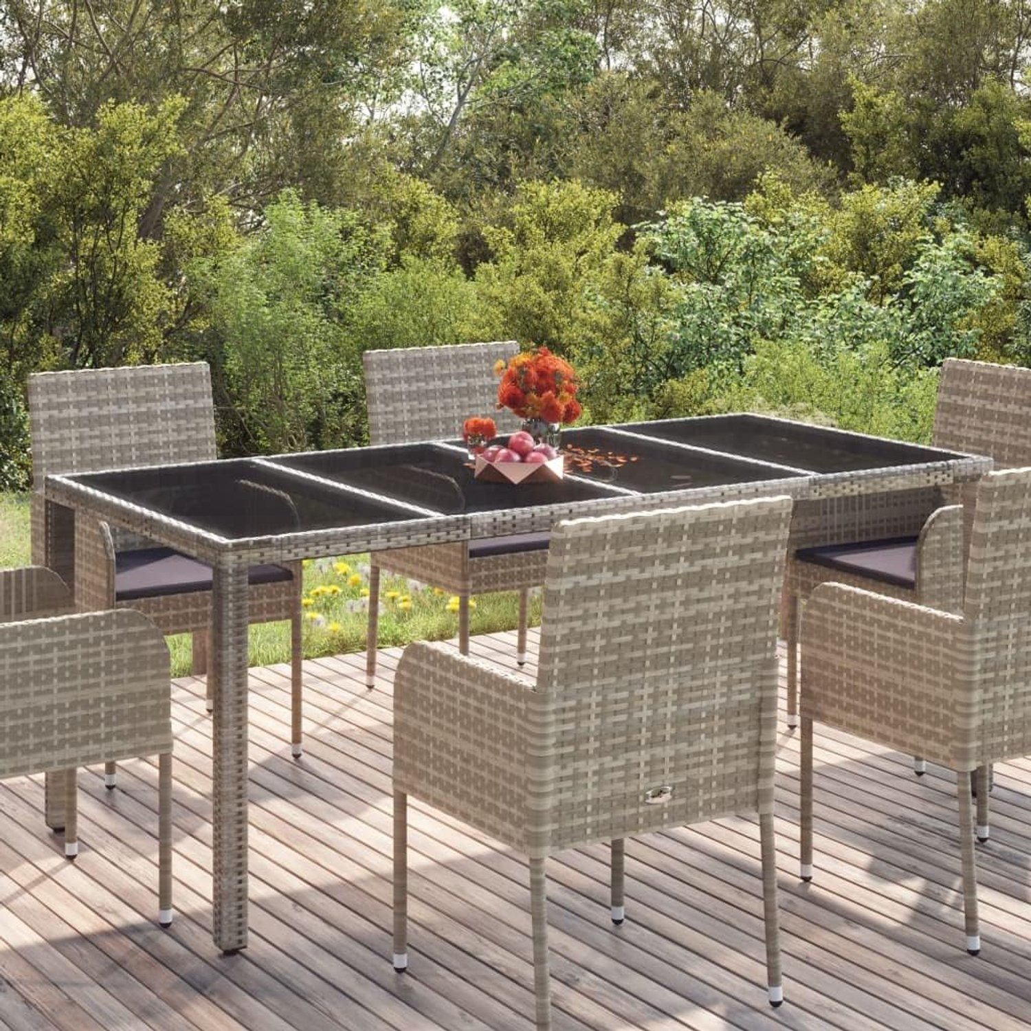 Balkontafel, terrastafel, tuintafel met glasplaat, grijs, 190 x 90 x 75 cm, polyrotan voor gazon, tuin, terras