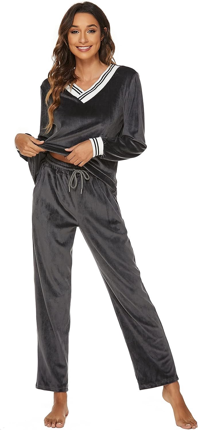 Velours, pyjamaset, winter, warme trui en broek, huispak, tweedelig trainingspak, joggingpak met zak, grijs, L