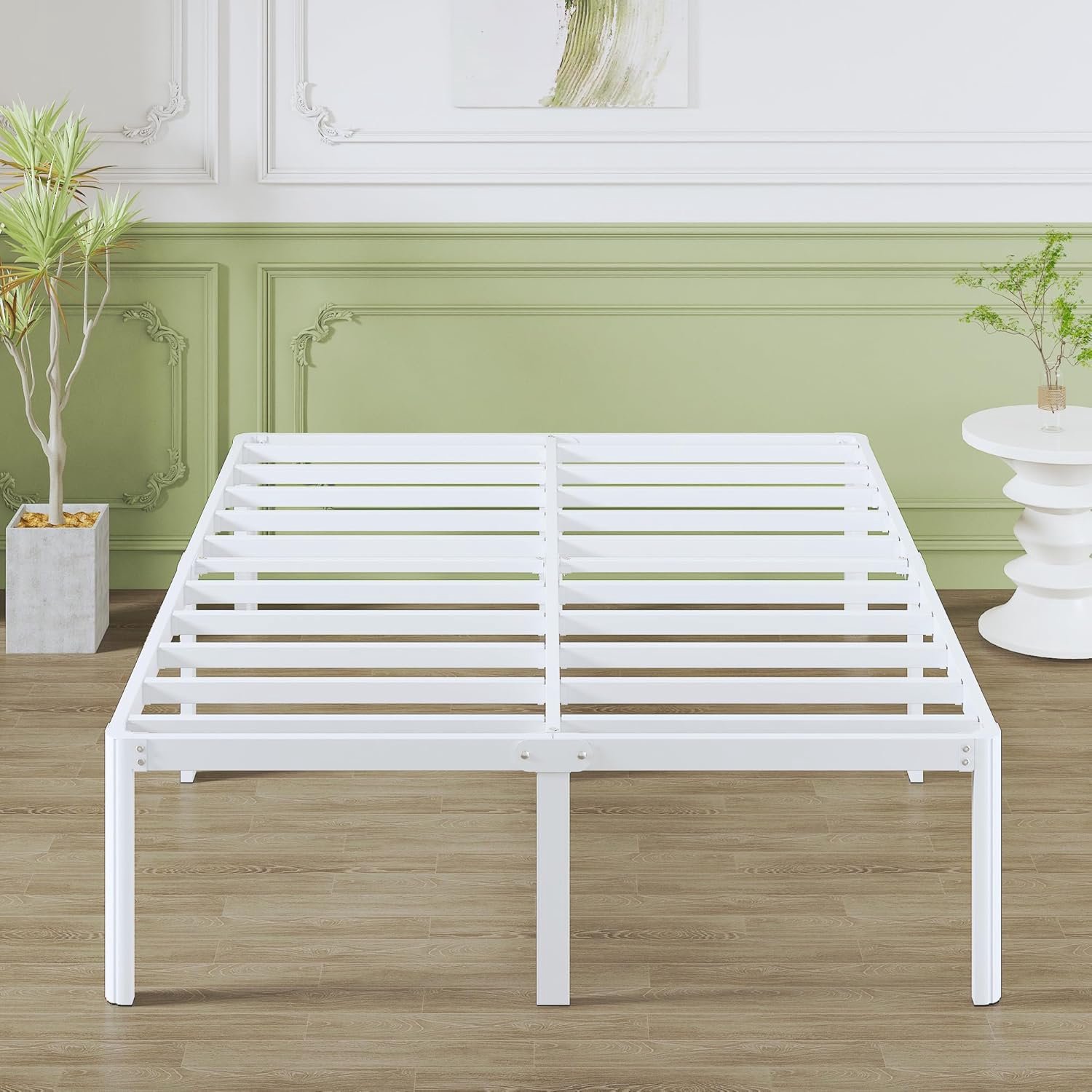 Bed 120x200 cm, Stevig Frame met Ronde Hoekpoten 41 cm, Grote Opbergruimte, Geluidsloos, Eenvoudig Montage, Wit