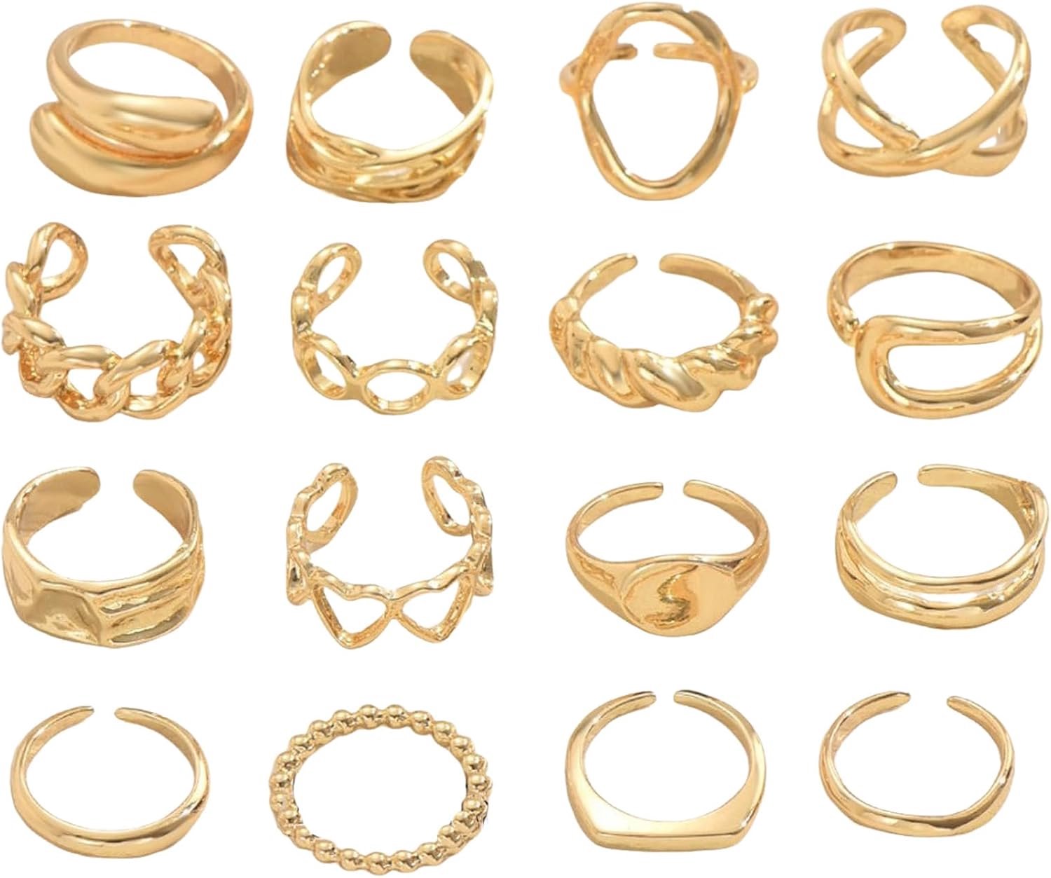 Ringenset voor dames, 16 stuks, stapelbaar, verstelbaar, van roestvrij staal, open ring, vintage, met hart en gedraaid, modieuze dikke ring voor gewrichten en duim