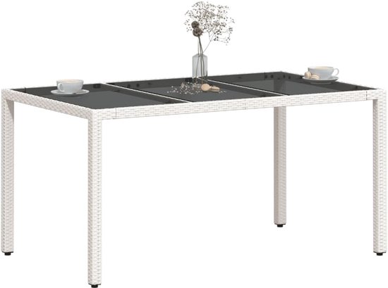 Tuintafel, 150 x 90 x 75 cm, met glasplaat, wit, voor terras, tuin of achtertuin, stabiel gepoedercoat stalen frame, onderhoudsvriendelijk PE-rotan — afbeelding 5