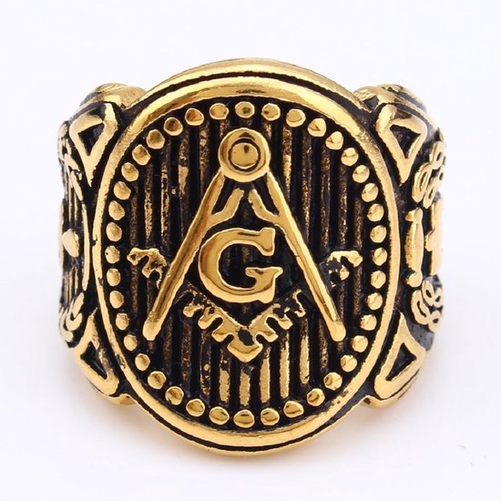 Vrijmetselaar gestreepte ring voor heren gouden vrijmetselaar troffel ring vintage klassieke meester-metselaarssieraden — afbeelding 2