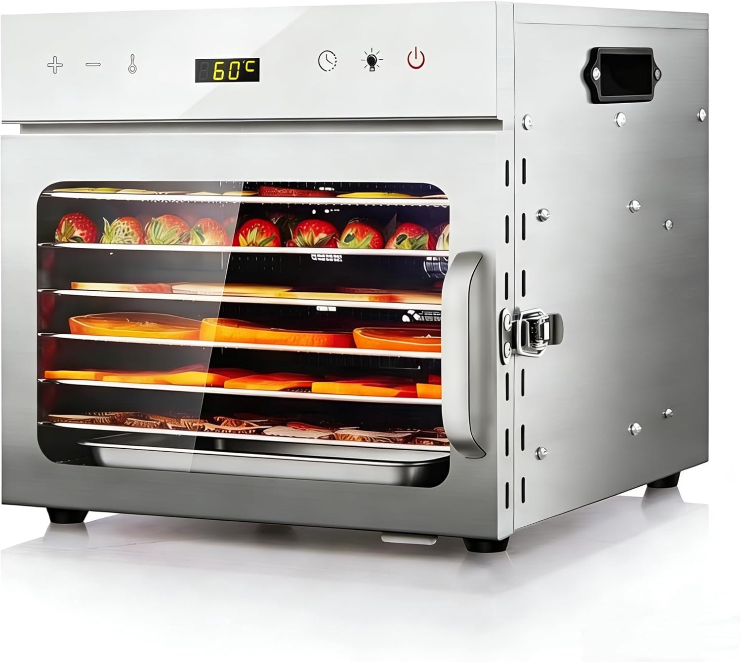 Fruitdroger van roestvrij staal, met 6 planken en receptenboek, BPA-vrij, temperatuurinstelling 30-90 °C, max. 24 uur, droogapparaat voor groenten, vlees, chili, 400 watt