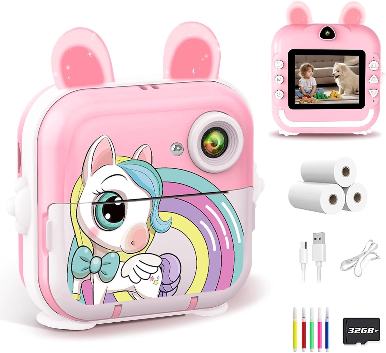 Kindercamera, 2,4 inch, 1080p, digitale camera voor kinderen, met fotopapier, print en 32 GB kaart, speelgoed, kerstcadeau voor jongens en meisjes van 4 tot 12 jaar