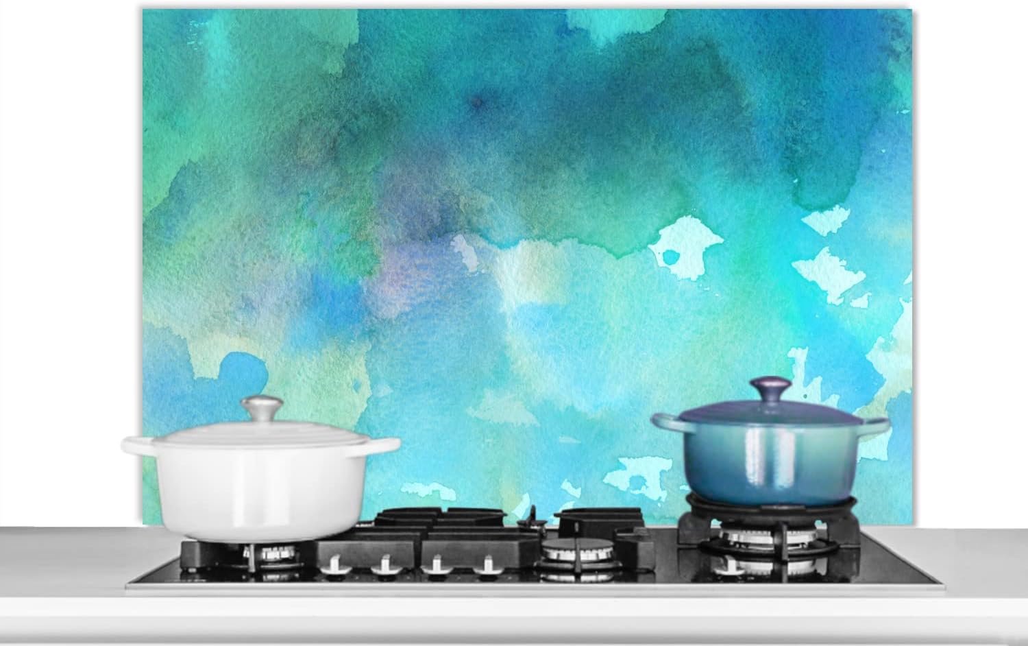 Spatscherm Keuken - 100x65 cm - Waterverf - Groen - Blauw