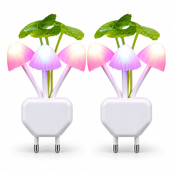 2-Pack LED Nachtlamp met Lichtsensor – 7 Kleuren – Decoratieve Paddenstoel/Bloemen Lamp – EU Stekker – Automatisch Aan/Uit — afbeelding 2