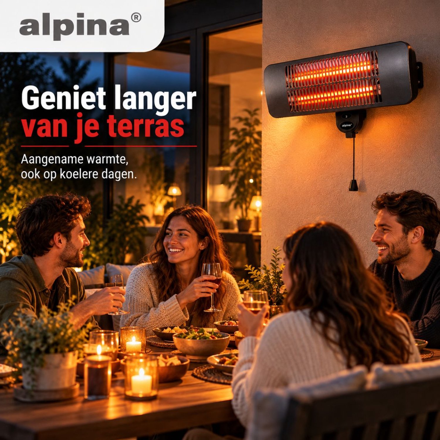 alpina Infrarood Verwarming Hangend - Terras Heater 2000W 3 Warmtestanden - Spatwaterdichte Terrasheater IP34 met Infrarood Paneel - Terrasverwarmer – foto 7