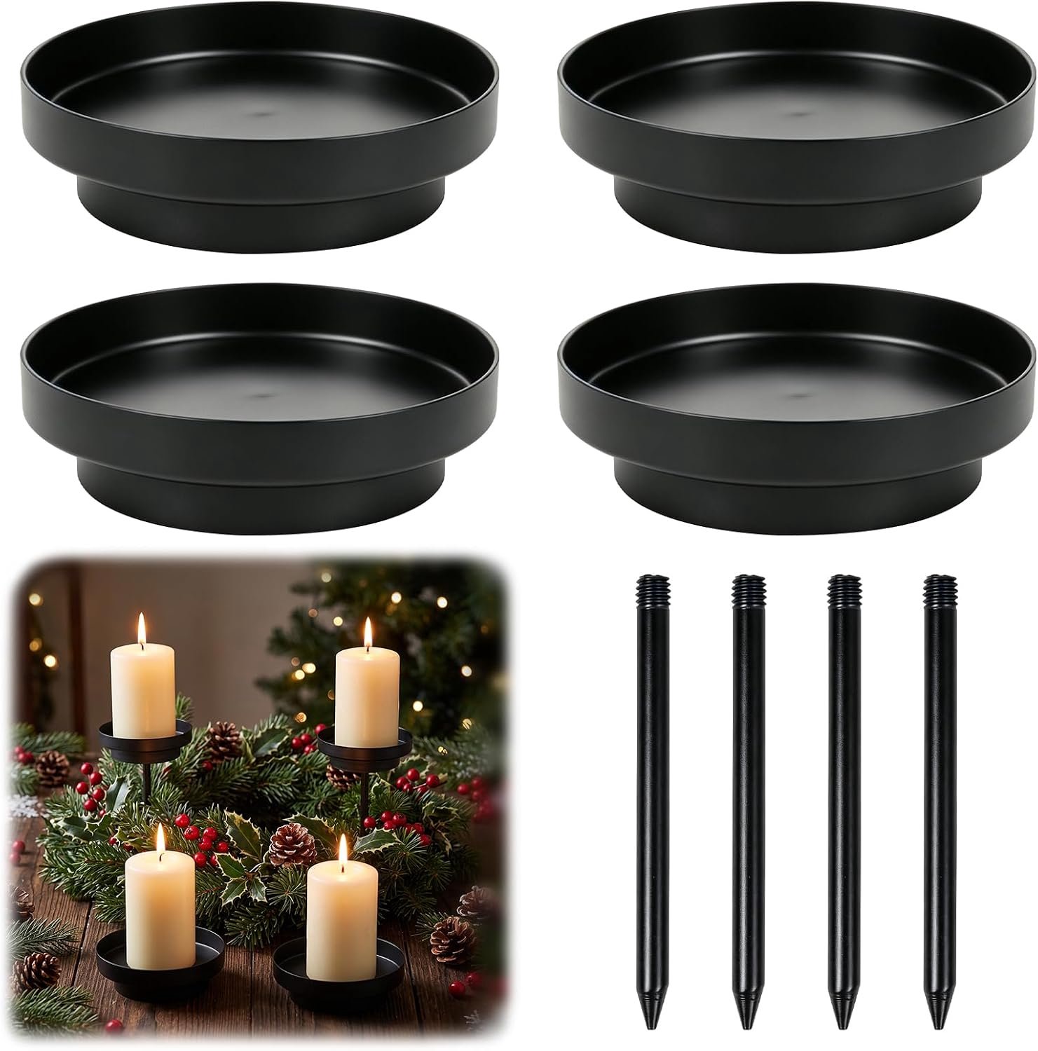 Set van 4 adventskrans, kaarsenhouder, zwart, metaal, 2-in-1, 8 cm