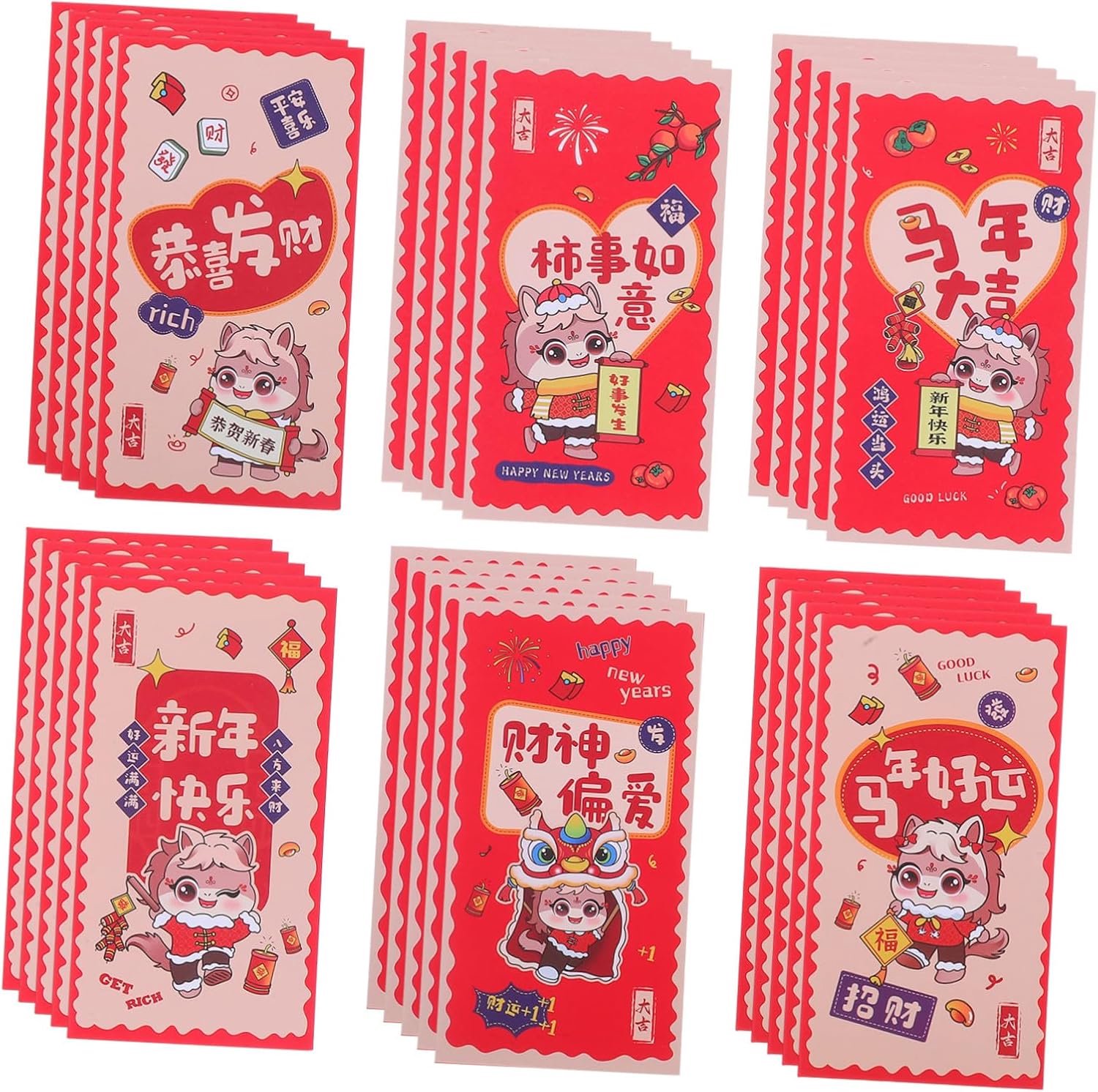 12 Stuks Chinese Enveloppen met Paardenontwerp Gelukwensen Zegenwoorden Traditionele Lentefestival Zakjes voor Nieuwjaar Huwelijk Feestelijke Gelegenheden