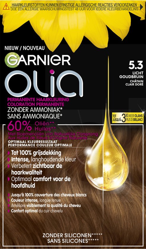 Coloration permanente Garnier Olia 5.3 Châtain Clair Doré sans ammoniaque, à 60% d'huiles et une goutte d'huile brillante.